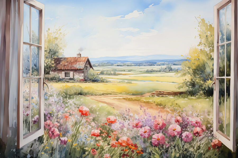 Peinture d'une maison et de fleurs Peinture d'une maison et de fleurs