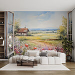 Papier peint Peinture d'une maison et de fleurs