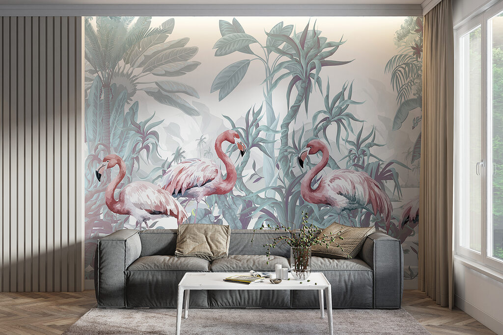 Group of flamingos in a jungle