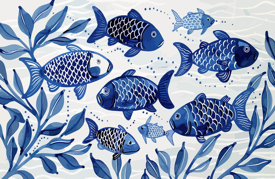 Groupe de poissons bleus nageant dans l'eau