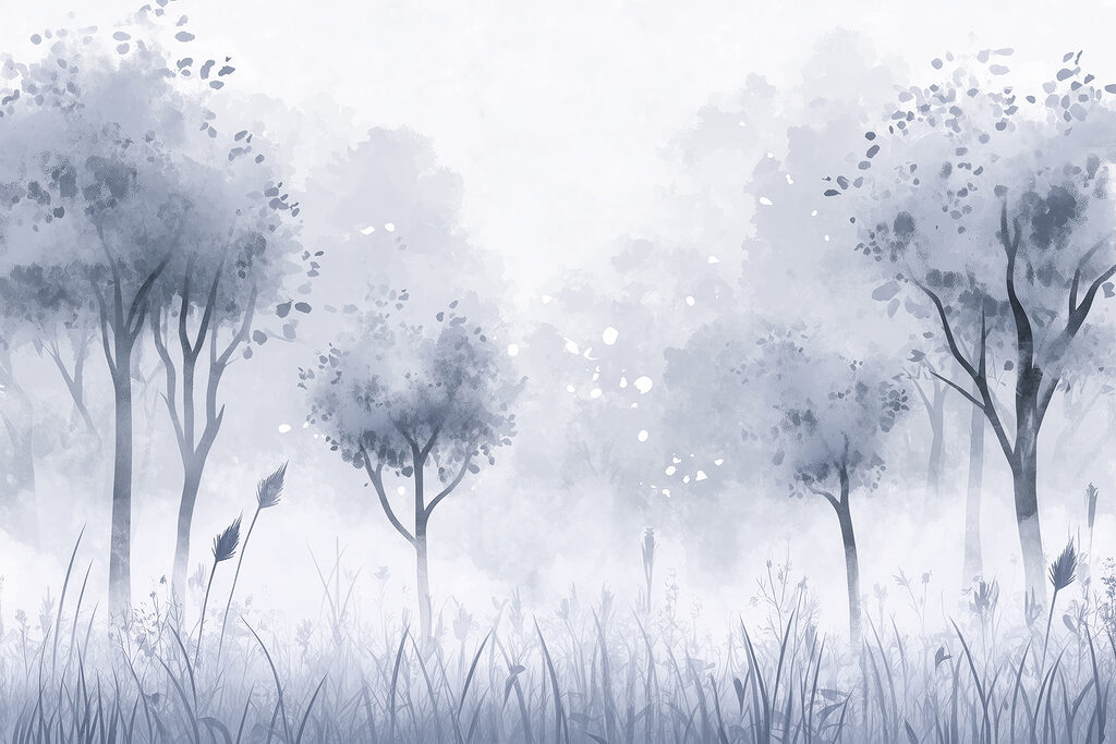 Forêt brumeuse avec des arbres et de l'herbe Forêt brumeuse avec des arbres et de l'herbe