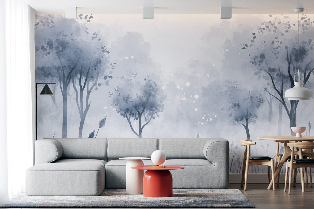 Foggy forest with trees and grass Foggy forest with trees and grass