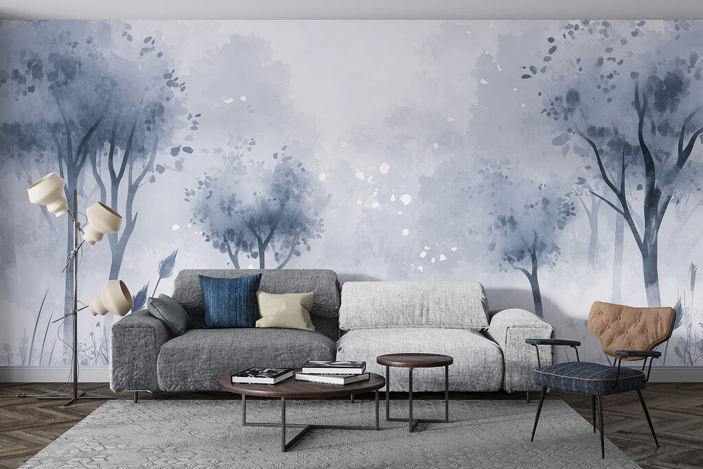 Foggy forest with trees and grass Foggy forest with trees and grass