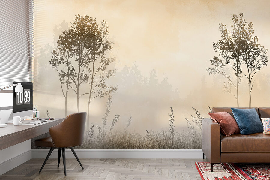 Paysage brumeux avec des arbres et de l'herbe
