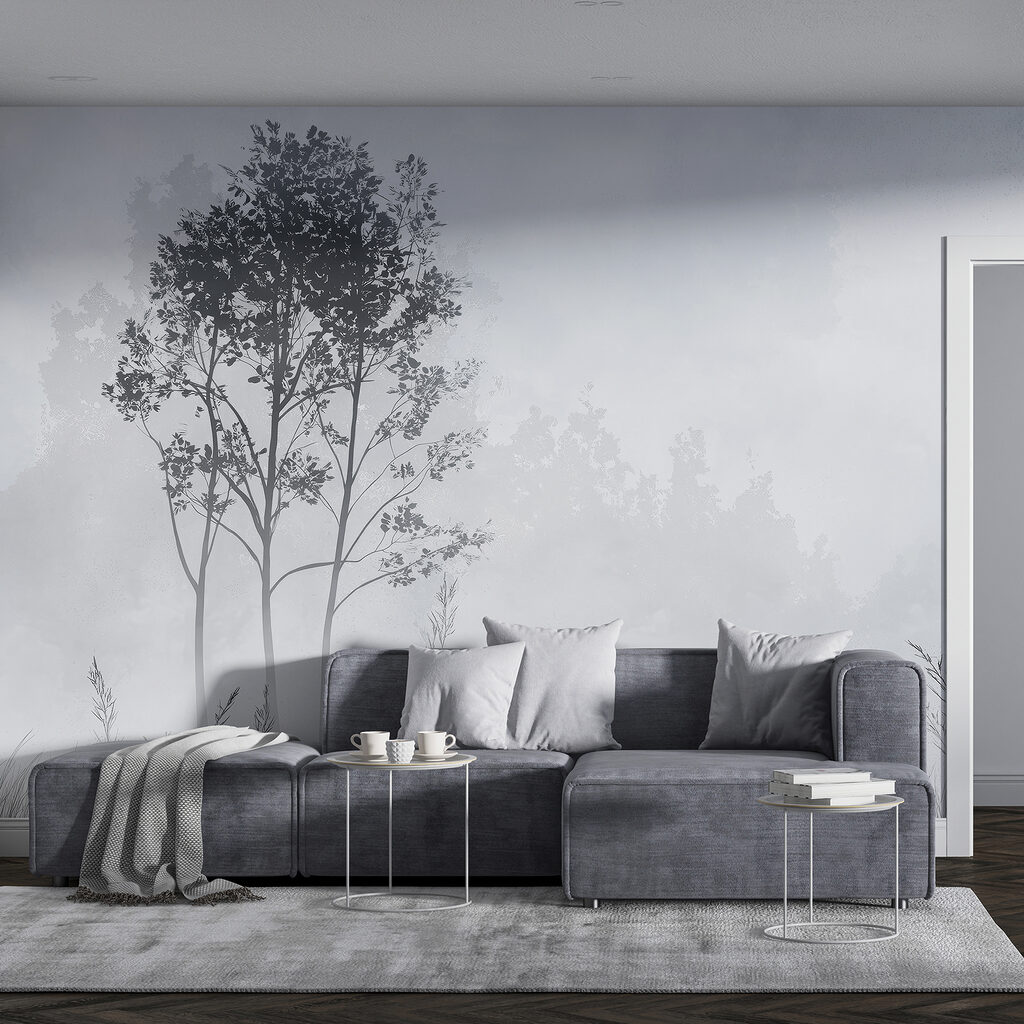 Foggy landscape with trees and grass Foggy landscape with trees and grass