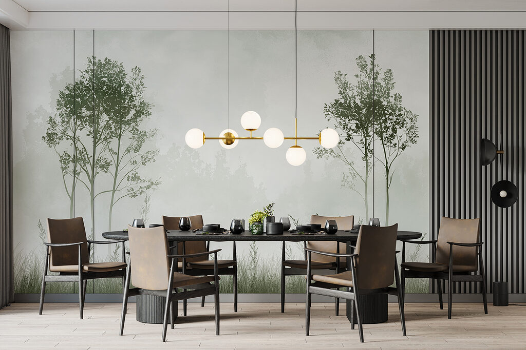 Foggy landscape with trees and grass