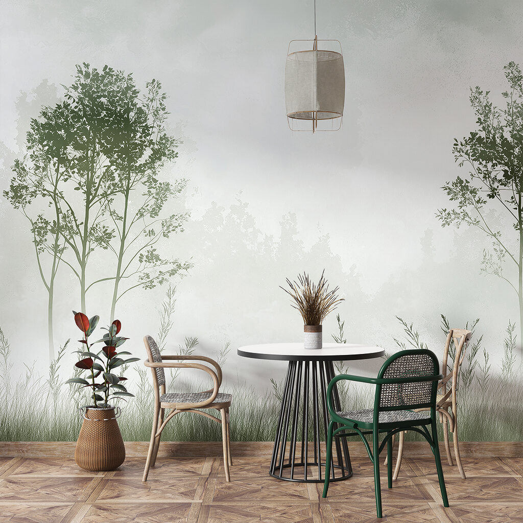 Foggy landscape with trees and grass