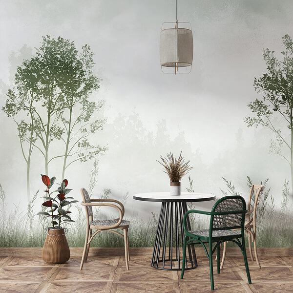 Paysage brumeux avec des arbres et de l'herbe Paysage brumeux avec des arbres et de l'herbe