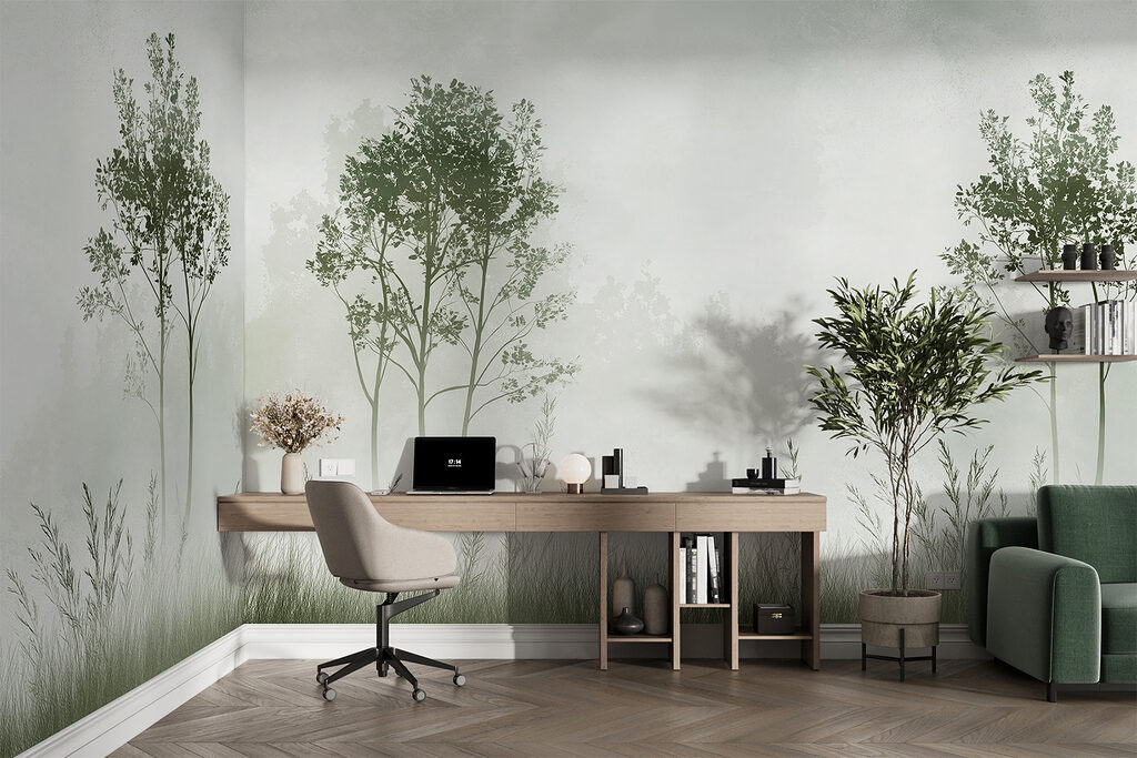 Foggy landscape with trees and grass