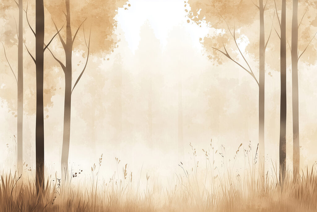 Forêt brumeuse avec des arbres et de l'herbe Forêt brumeuse avec des arbres et de l'herbe