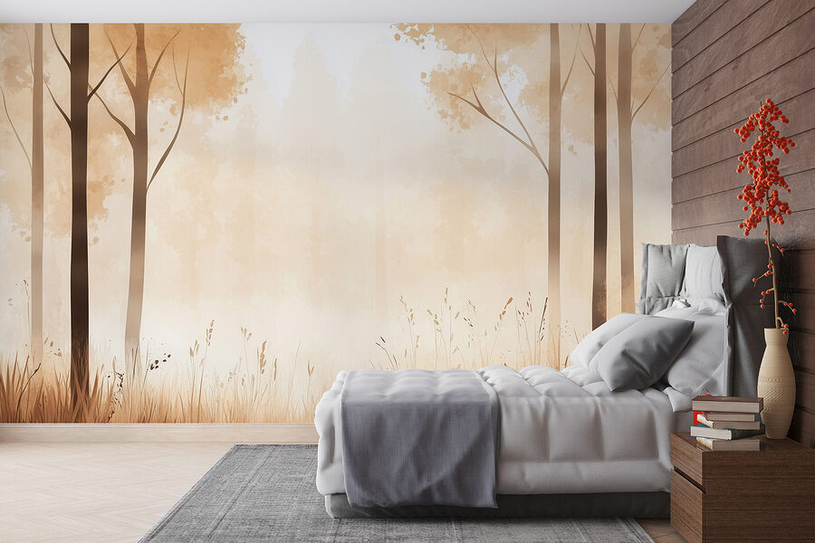 Forêt brumeuse avec des arbres et de l'herbe