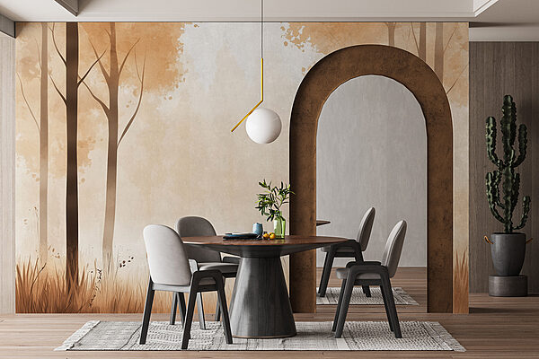 Forêt brumeuse avec des arbres et de l'herbe Forêt brumeuse avec des arbres et de l'herbe