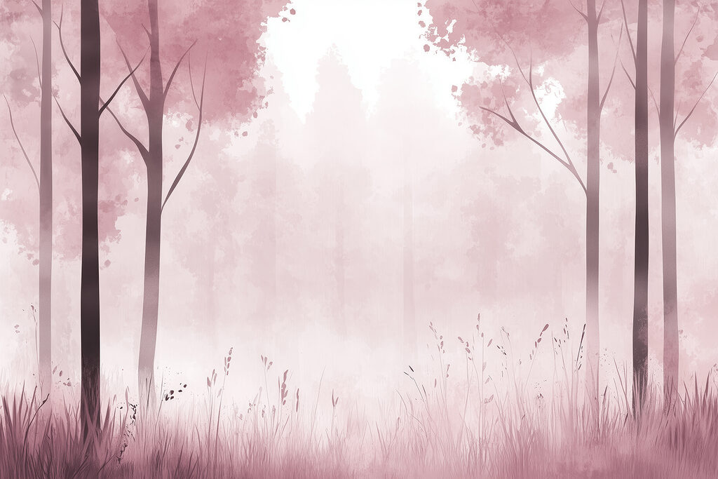 Forêt brumeuse avec arbres roses Forêt brumeuse avec arbres roses