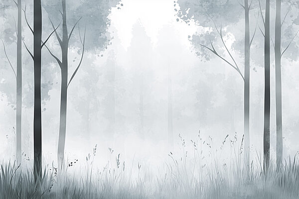 Forêt brumeuse avec des arbres et de l'herbe Forêt brumeuse avec des arbres et de l'herbe