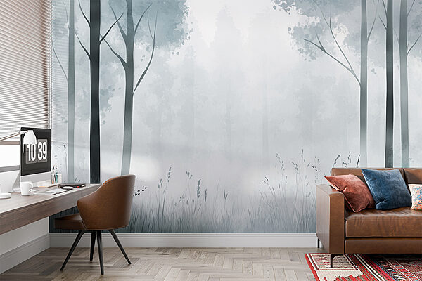 Forêt brumeuse avec des arbres et de l'herbe Forêt brumeuse avec des arbres et de l'herbe
