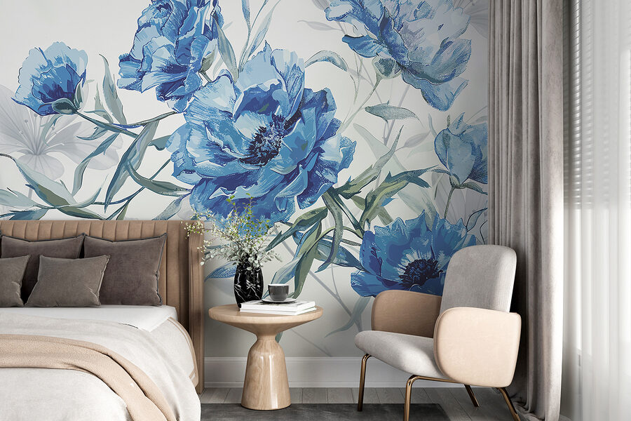 Papier peint Fleurs bleues sur fond blanc