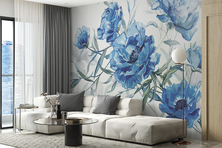 Papier peint Fleurs bleues sur fond blanc – Image 2