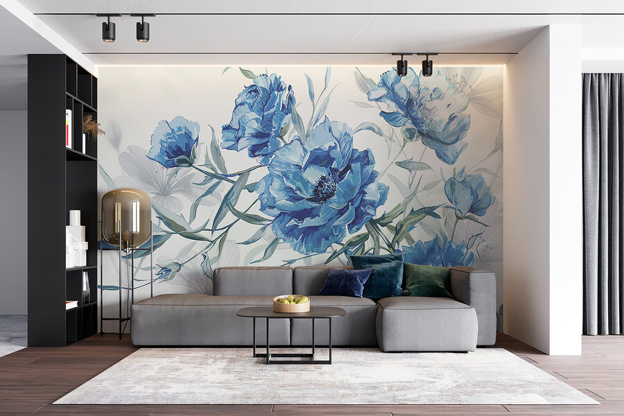 Papier peint Fleurs bleues sur fond blanc – Image 3
