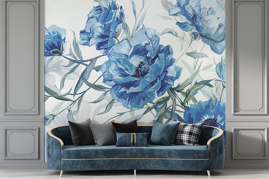 Papier peint Fleurs bleues sur fond blanc – Image 4