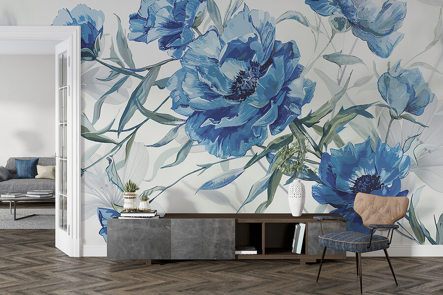 Papier peint Fleurs bleues sur fond blanc – Image 5