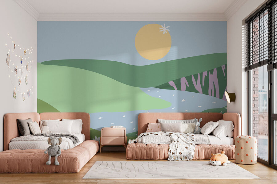 Papier peint Paysage avec une rivière et des fleurs