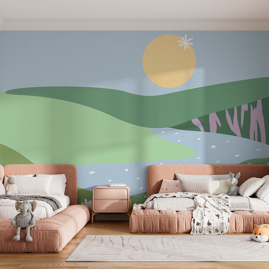 Papier peint Paysage avec une rivière et des fleurs – Image 2