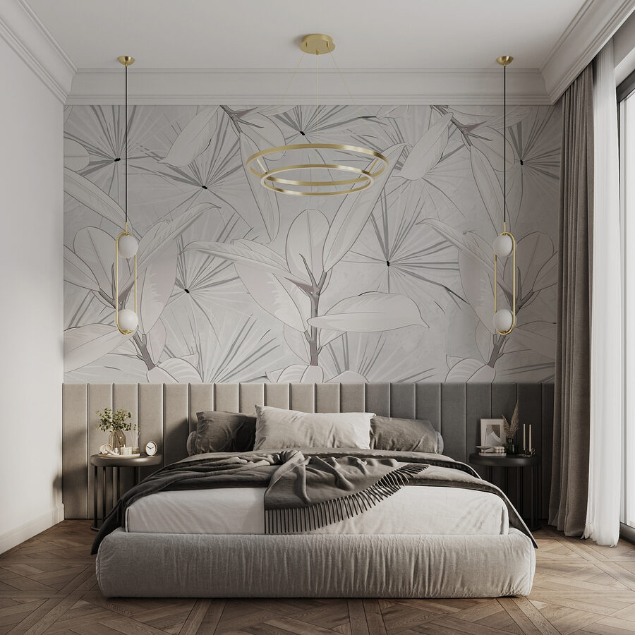 Feuilles blanches sur fond gris