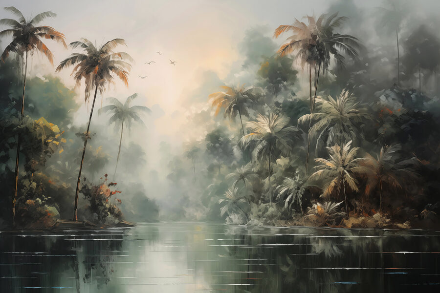 Eau avec palmiers et oiseaux en vol