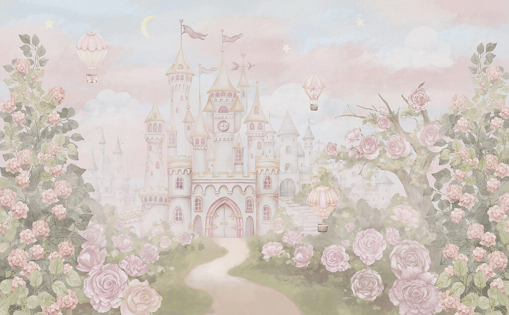 Château avec fleurs et montgolfières Château avec fleurs et montgolfières