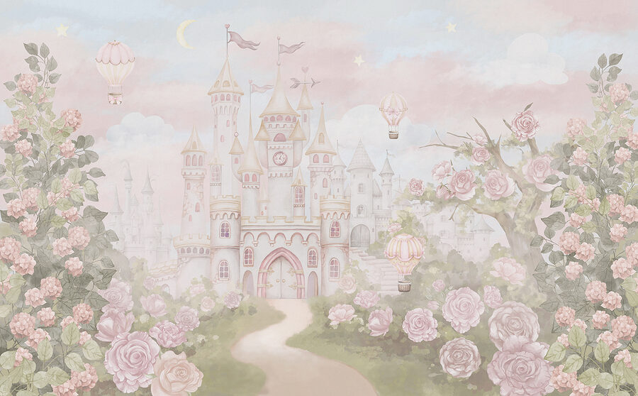 Château avec fleurs et montgolfières Château avec fleurs et montgolfières