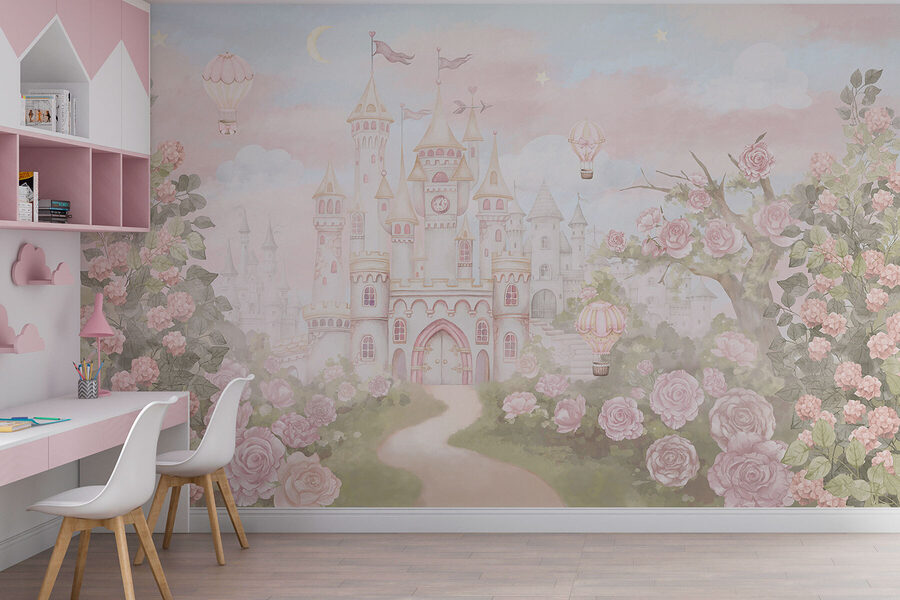Château avec fleurs et montgolfières Château avec fleurs et montgolfières