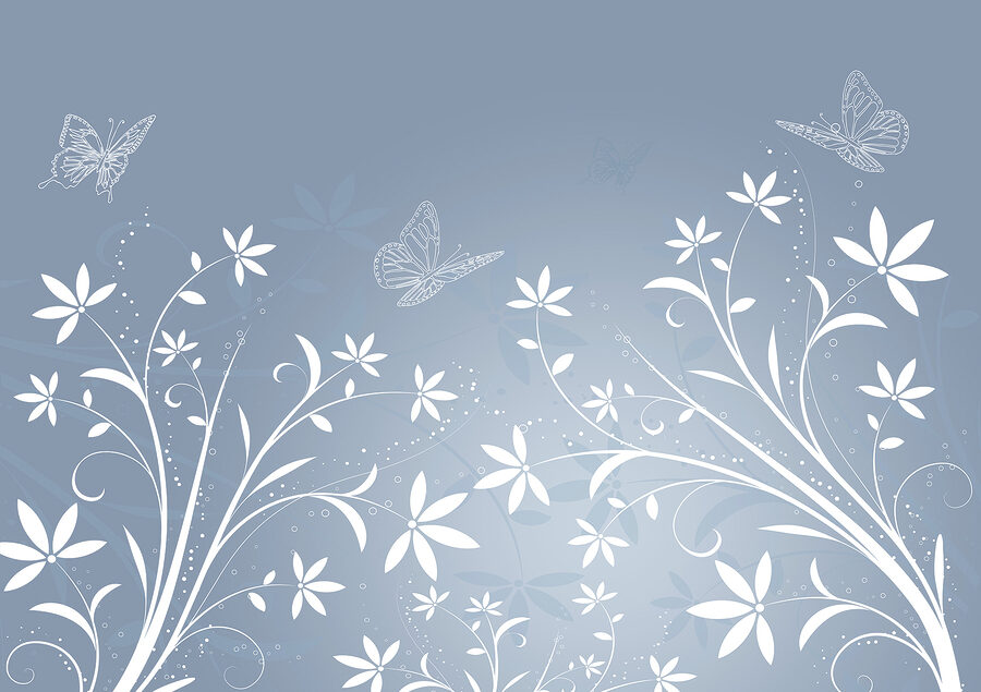 Fleurs blanches et papillons sur fond bleu