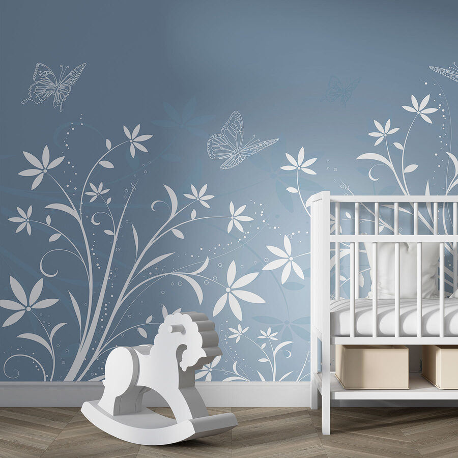 Fleurs blanches et papillons sur fond bleu