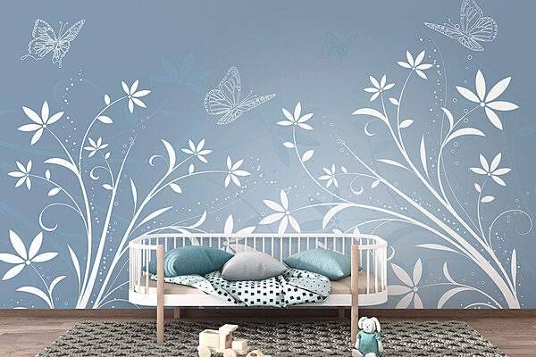 Fleurs blanches et papillons sur fond bleu Fleurs blanches et papillons sur fond bleu