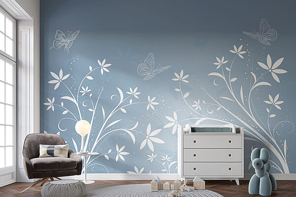Fleurs blanches et papillons sur fond bleu Fleurs blanches et papillons sur fond bleu