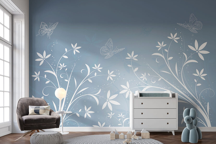 Fleurs blanches et papillons sur fond bleu