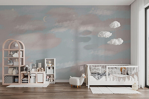 Ciel bleu avec des nuages et un croissant de lune Ciel bleu avec des nuages et un croissant de lune