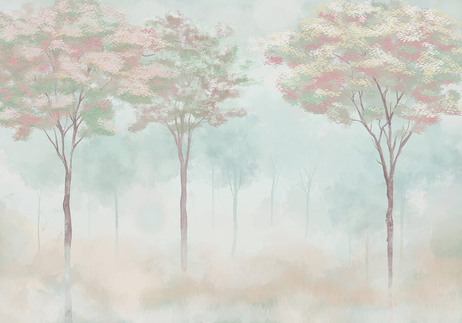 Groupe d'arbres dans une forêt brumeuse