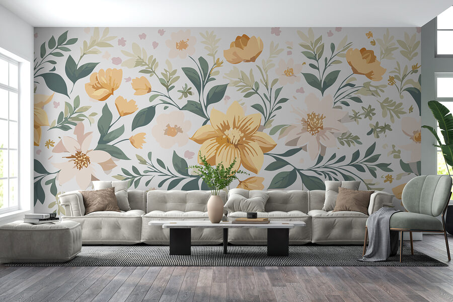 Motif floral avec des fleurs jaunes et des feuilles vertes