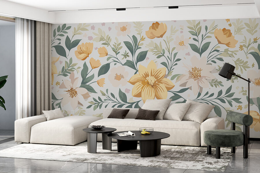 Motif floral avec des fleurs jaunes et des feuilles vertes