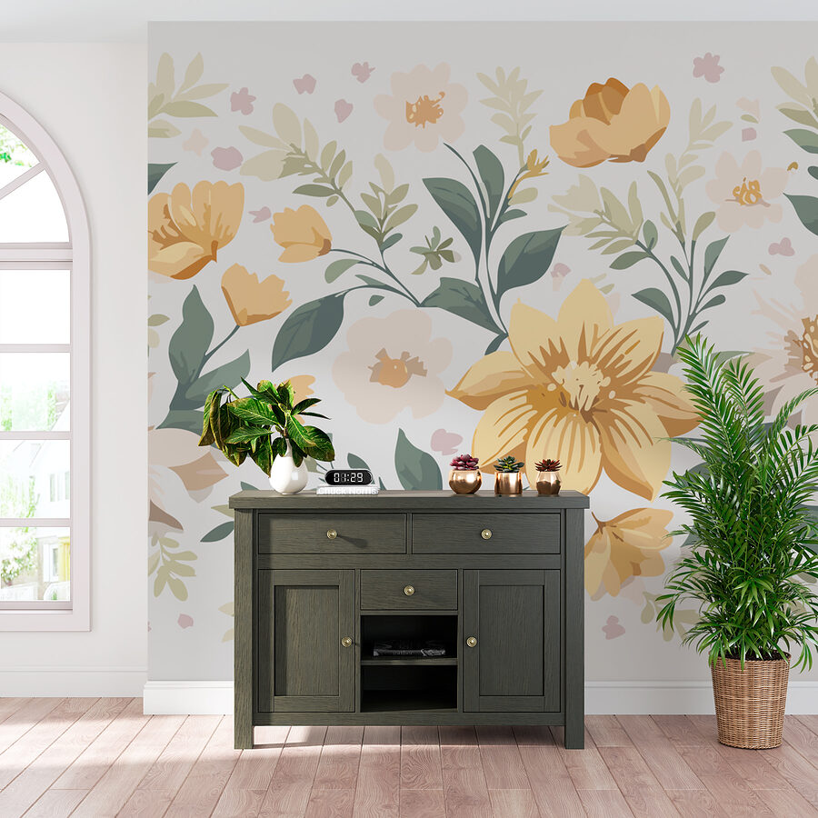 Motif floral avec des fleurs jaunes et des feuilles vertes