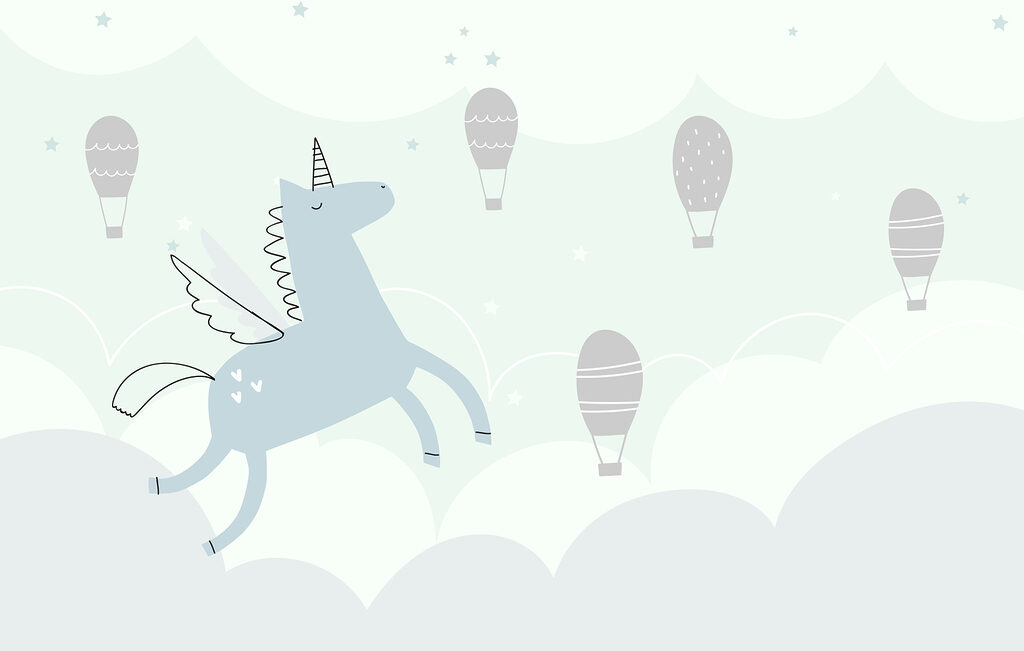 Licorne bleue avec des ailes et des ailes volant dans le ciel avec des montgolfières Licorne bleue avec des ailes et des ailes volant dans le ciel avec des montgolfières