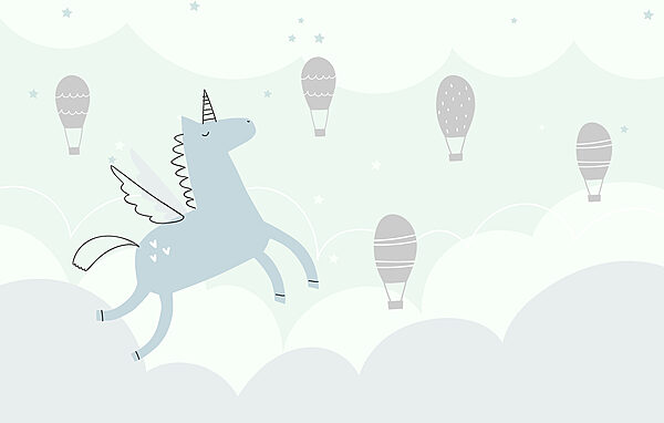 Licorne bleue avec des ailes et des ailes volant dans le ciel avec des montgolfières Licorne bleue avec des ailes et des ailes volant dans le ciel avec des montgolfières