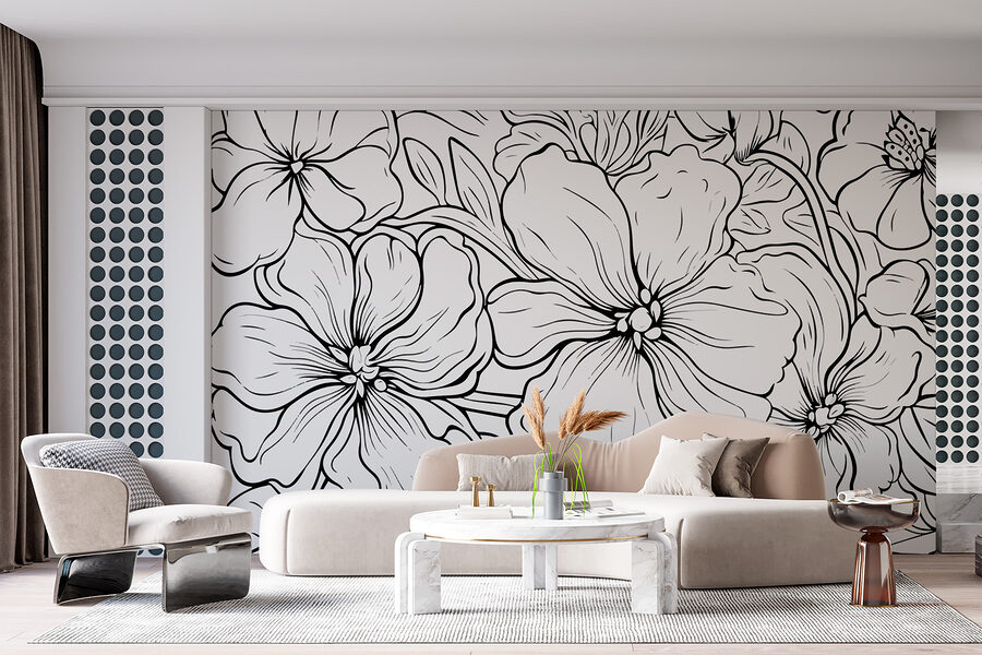 Papier peint Dessin de fleurs en noir et blanc – Image 2