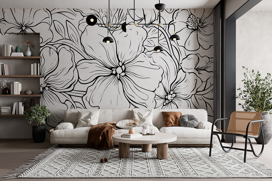 Papier peint Dessin de fleurs en noir et blanc – Image 3