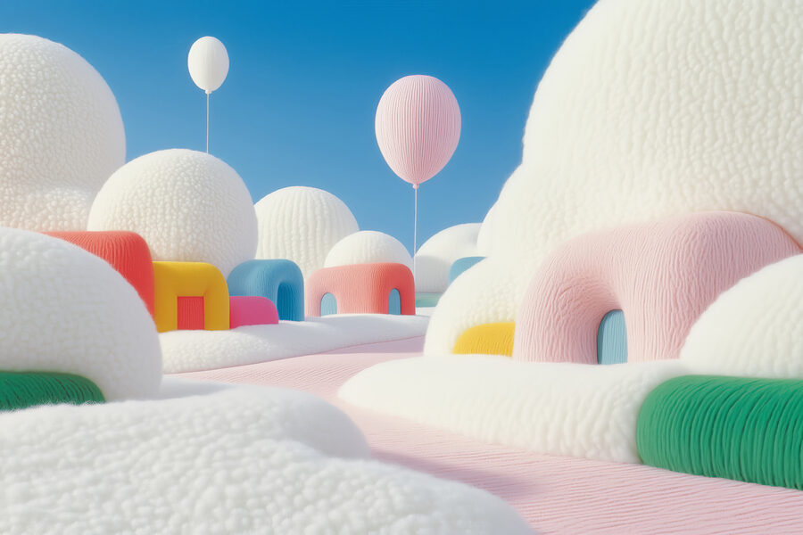 Paysage avec ballons et bâtiments Paysage avec ballons et bâtiments