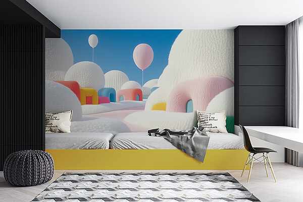 Paysage avec ballons et bâtiments Paysage avec ballons et bâtiments