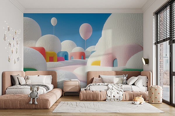 Paysage avec ballons et bâtiments Paysage avec ballons et bâtiments