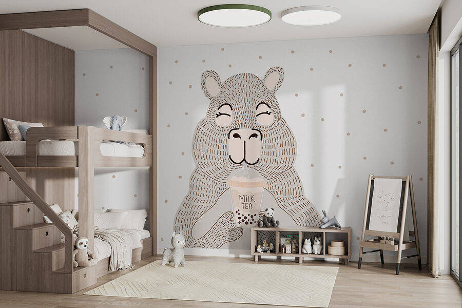 Caricature d'un ours tenant un thé à bulles