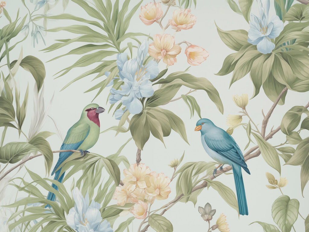 Papier peint avec des oiseaux et des fleurs Papier peint avec des oiseaux et des fleurs